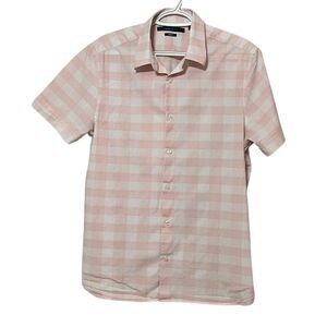 PERRY ELLIS MENS PINK AND WHITE PLAID BUTTON UP SHIRT SIZE MEDIUM